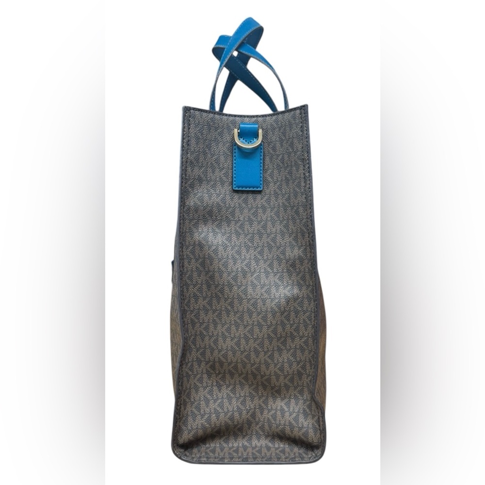 Michael Kors Kenly Brown Blue Lagoon MK Signature Large Tote Shoulder Bag Purse - Picture 10 of 14